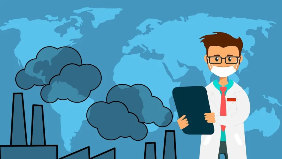 Grafische Darstellung weltweiter Luftverschmutzung (Fabriken und männlicher Naturwissenschaftler mit Atemmaske und Schreibblock)